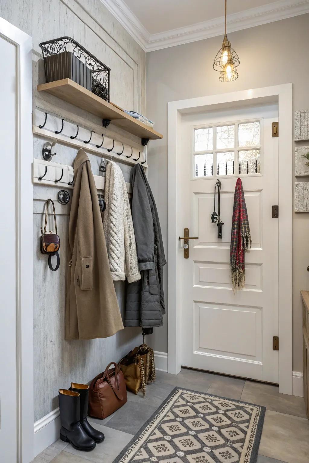 Streamline your mornings with a coat and key holder behind the entryway door.