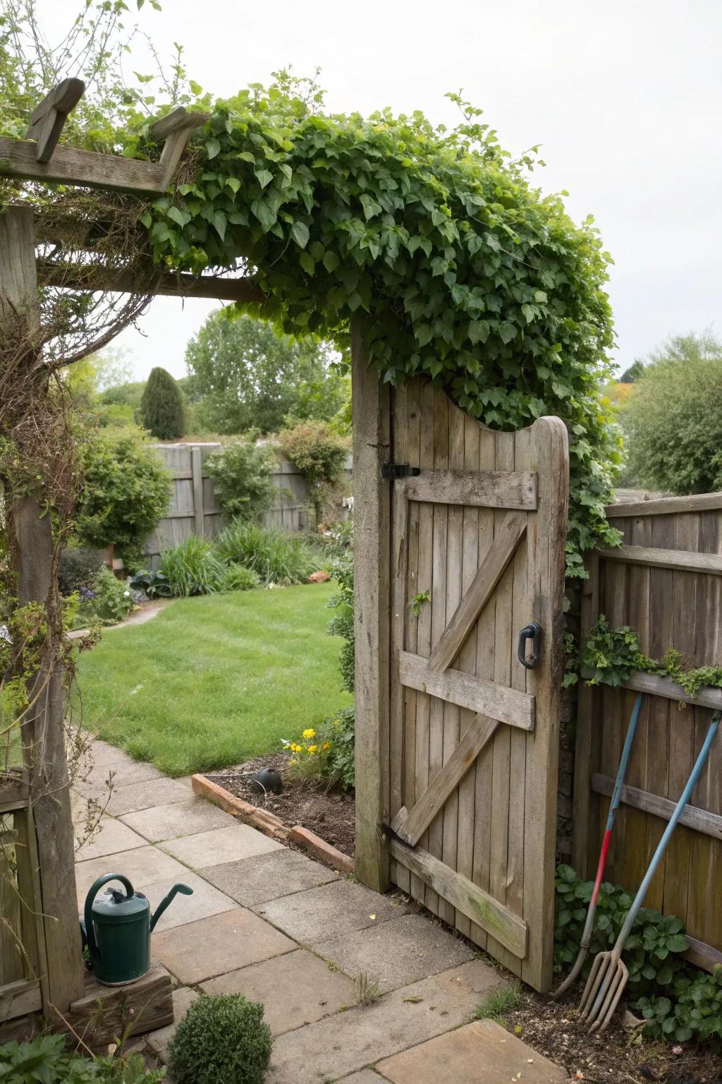 A secret garden gate adds mystery and allure.