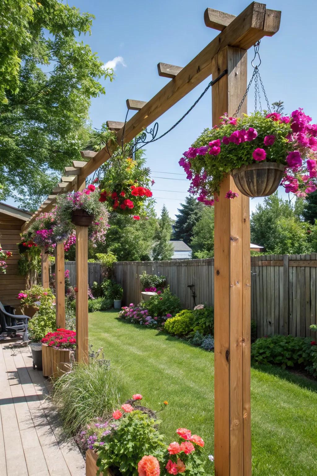 Create a vertical floral display with hanging planter posts.