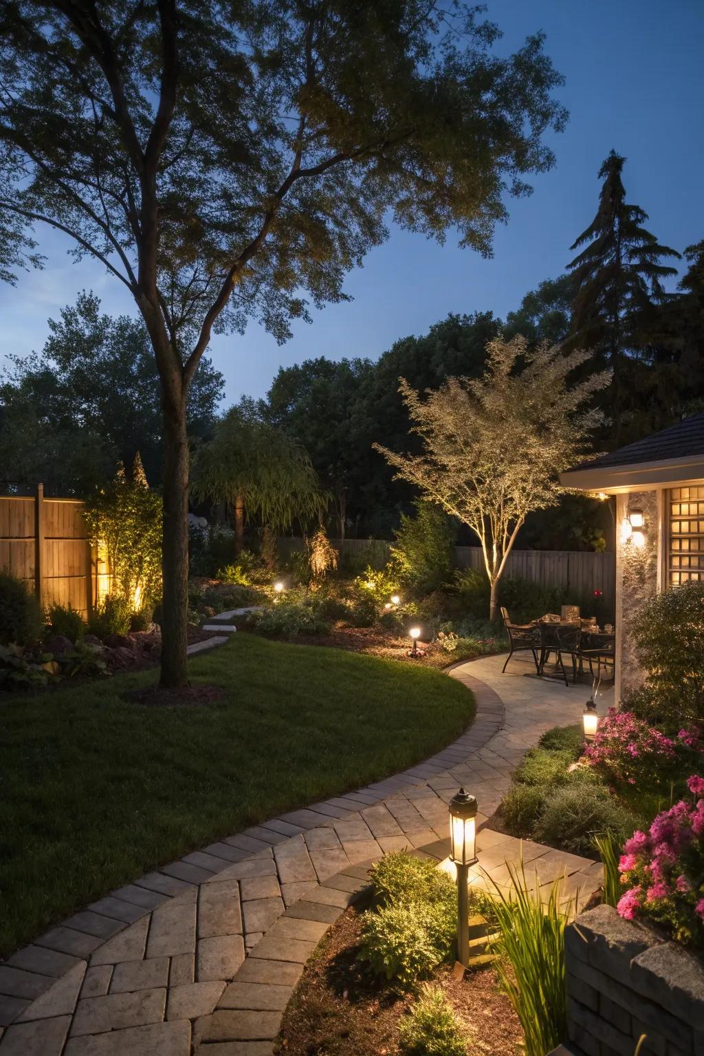 Artistic lighting enhances the beauty of your garden after dark.