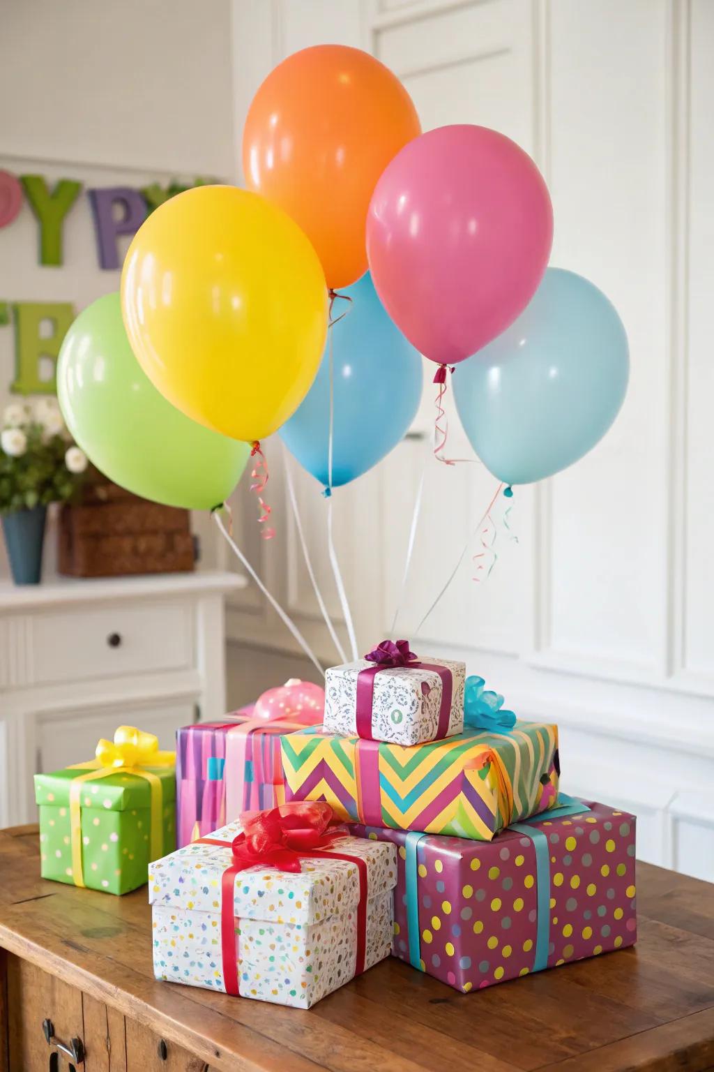 Balloon-wrapped gifts create a delightful surprise for any occasion.