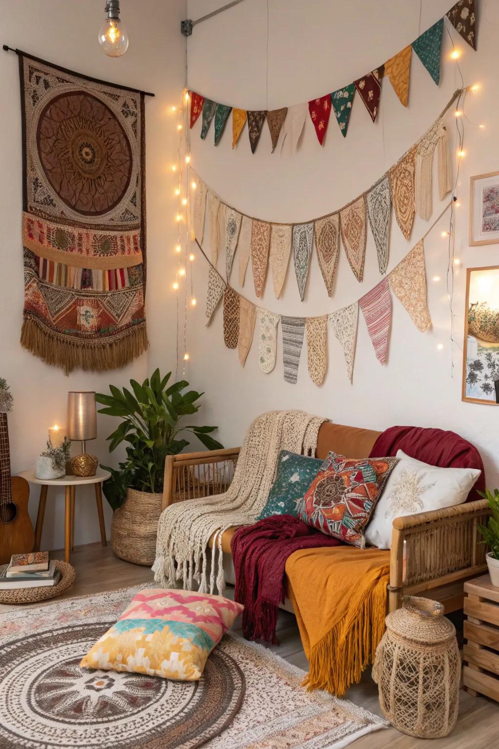 Eclectic banners create a free-spirited bohemian atmosphere.