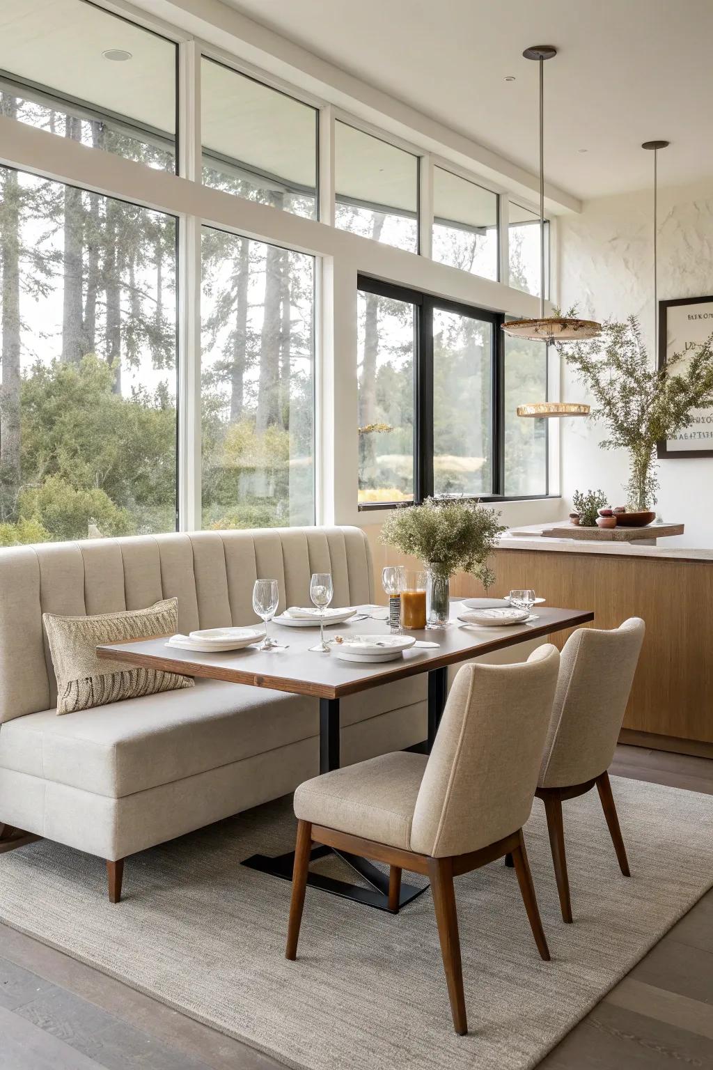 A mid-century modern dining room with sleek banquette seating.