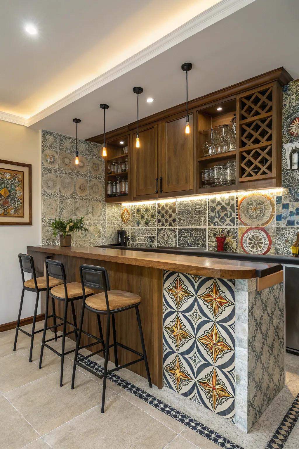 A home bar featuring a striking patterned tile backsplash in an artistic design.