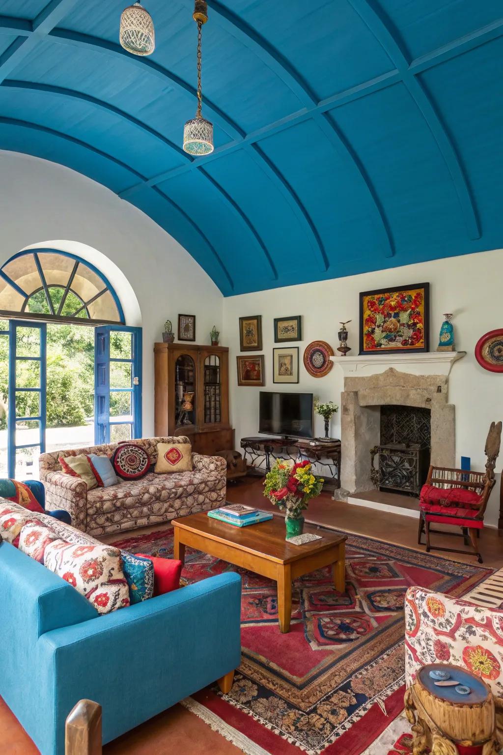 A vibrant living room featuring a bold colored barrel ceiling.