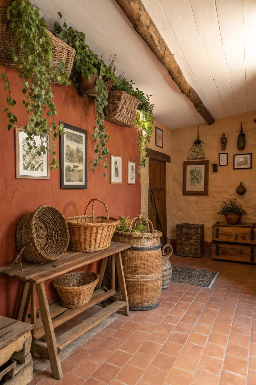 Terracotta walls add earthy warmth to this inviting basement.