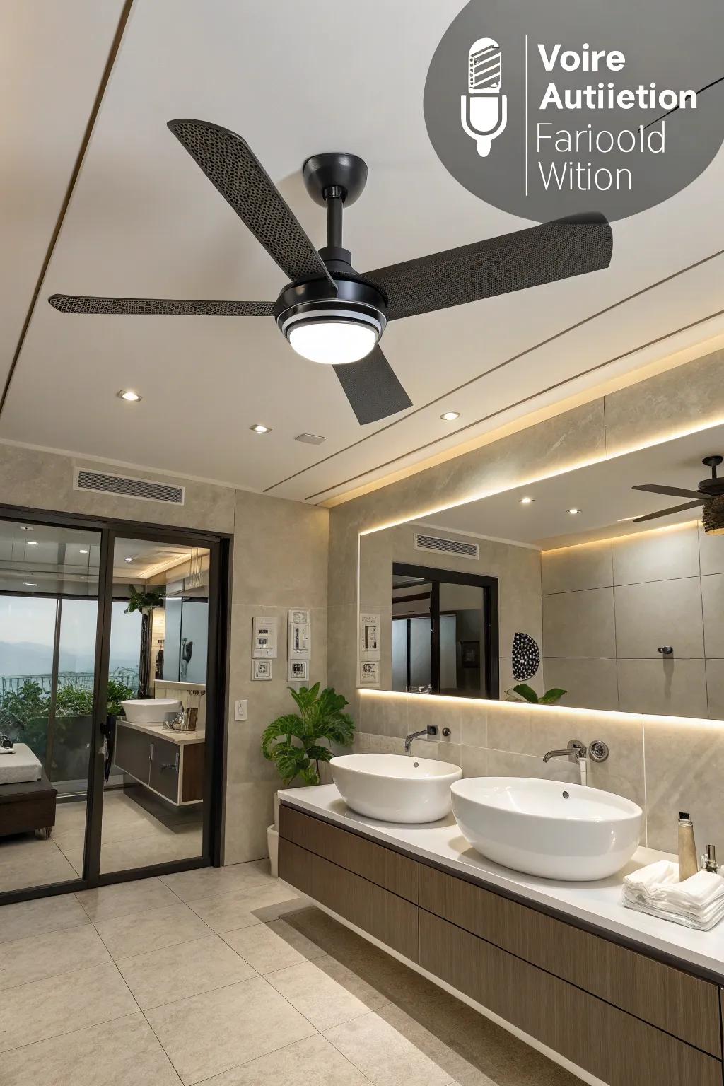 A high-tech bathroom with a smart ceiling fan featuring modern technology.