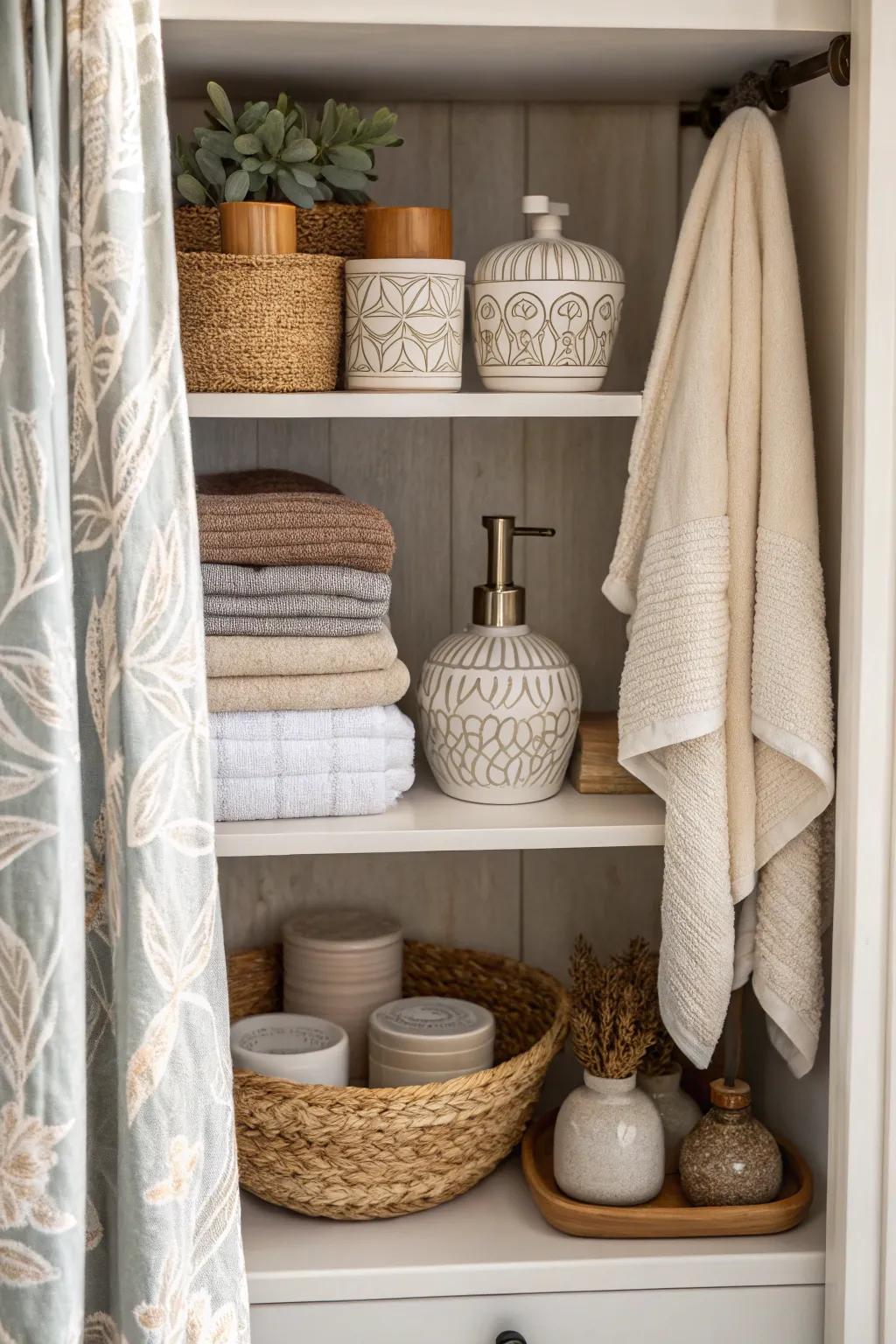 A mix of ceramics and textiles adding depth to the bathroom closet.