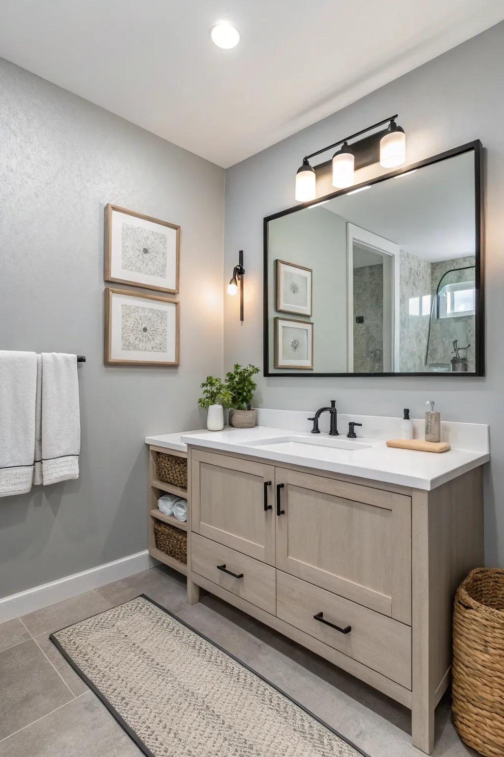 Light gray walls offer a calm and versatile bathroom setting.