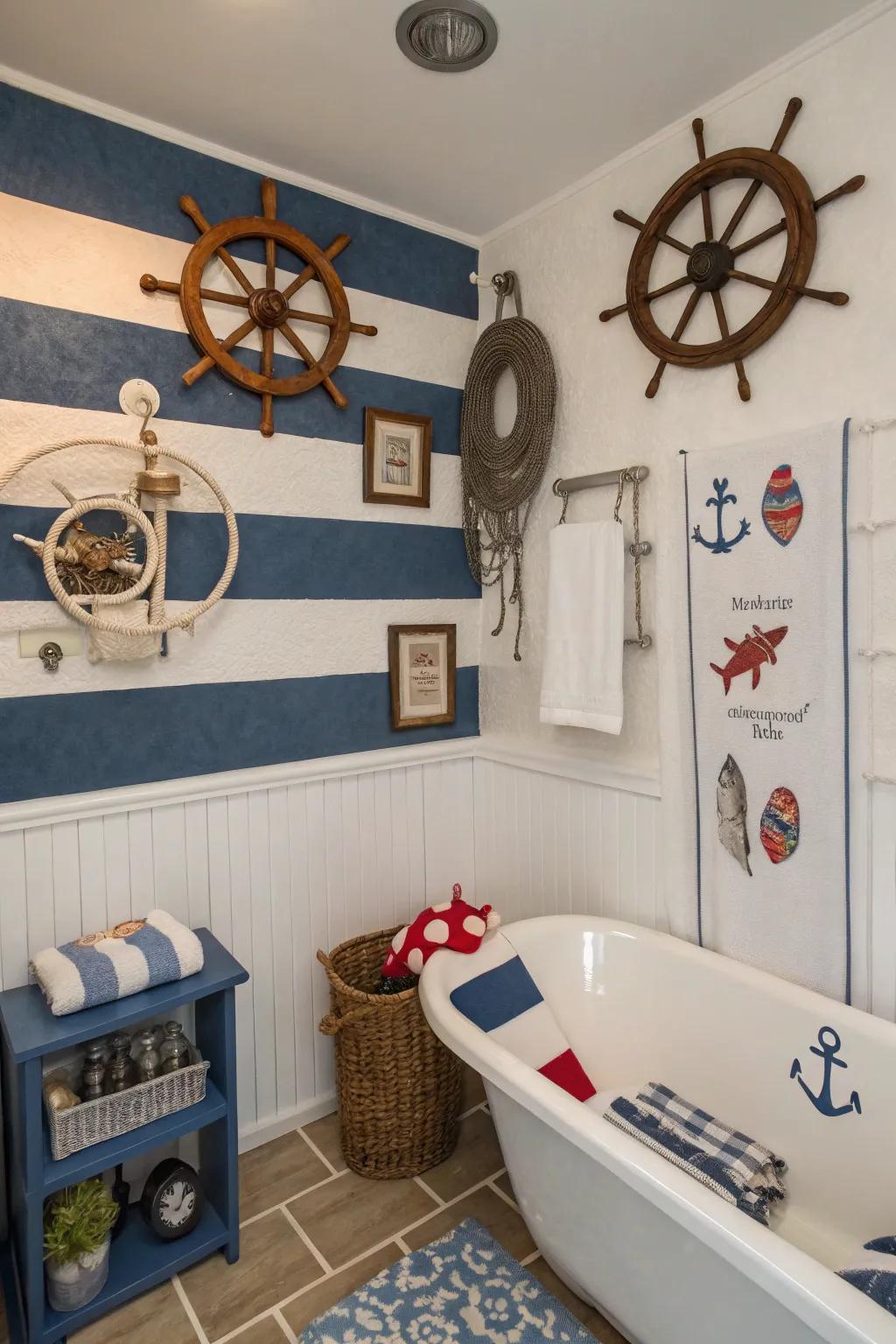 Sail away with a nautical-themed bathroom filled with maritime charm.