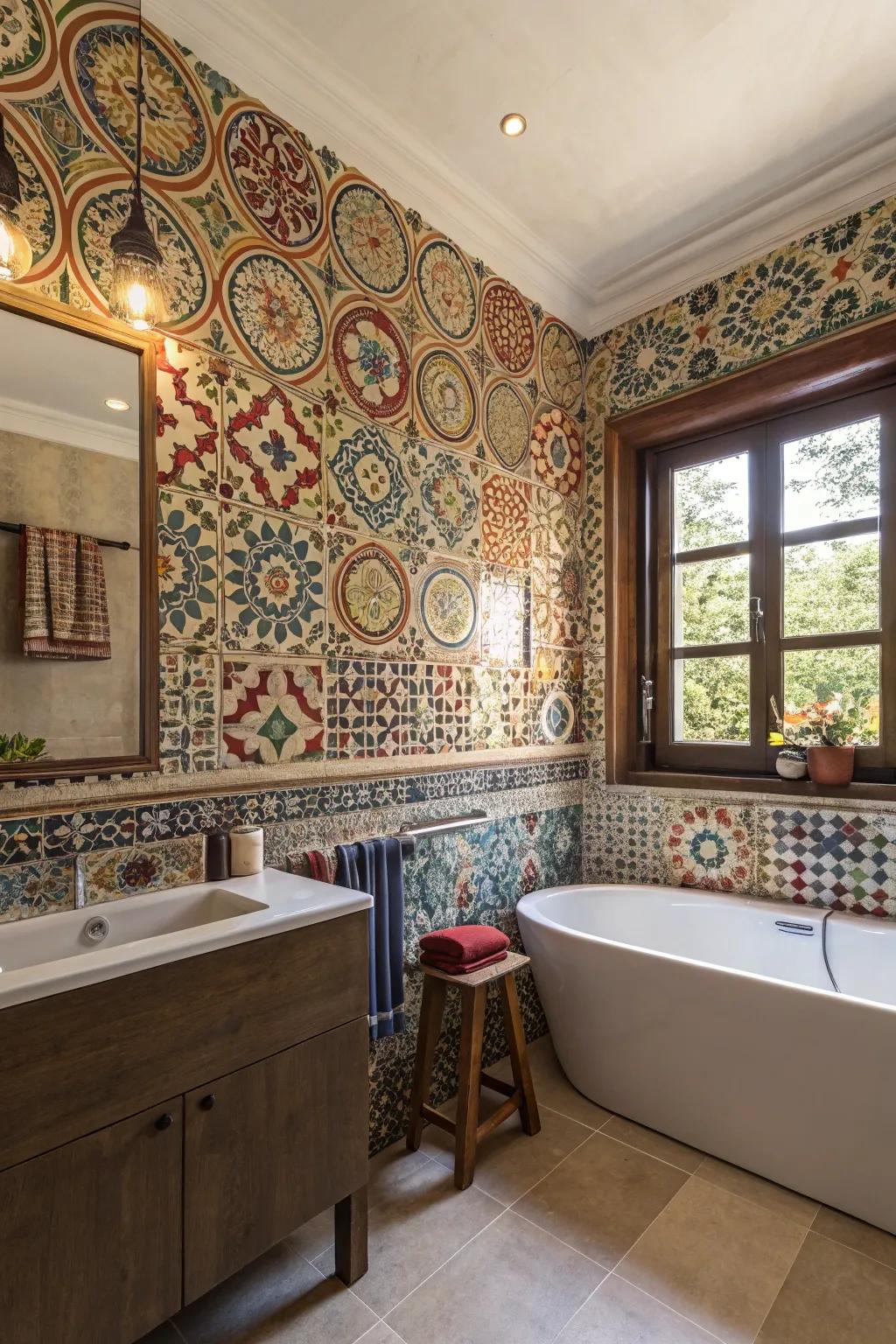 Add exotic elegance to your bathroom with Moroccan-inspired wallpaper.