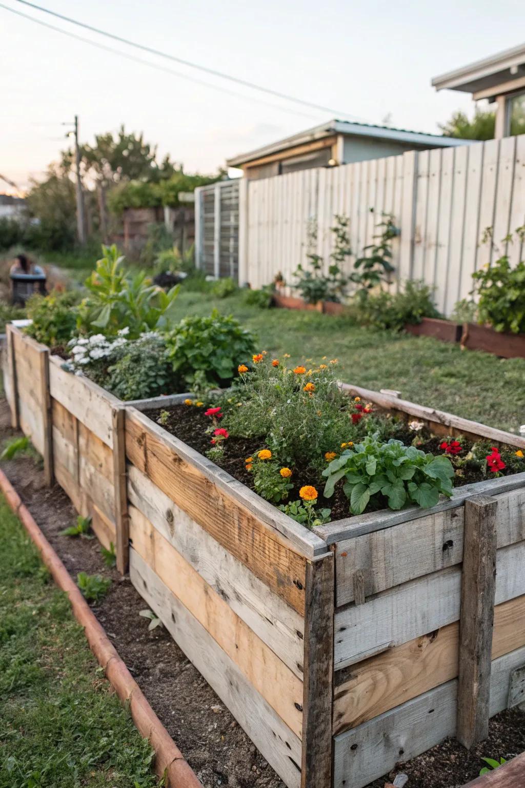 A DIY raised garden bed crafted from recycled materials, brimming with spring blooms.