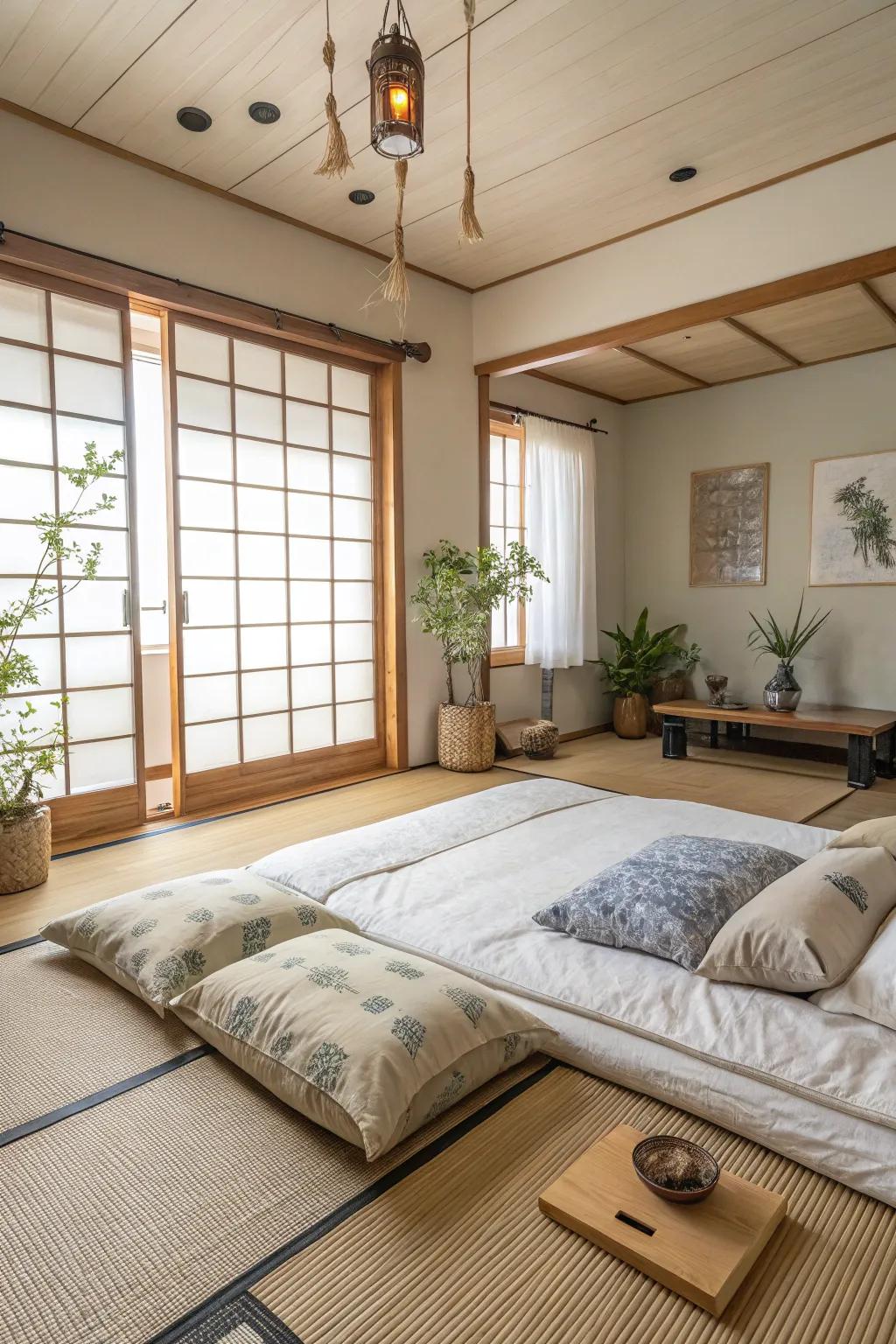 Promote tranquility with a Zen-inspired floor bed setup.