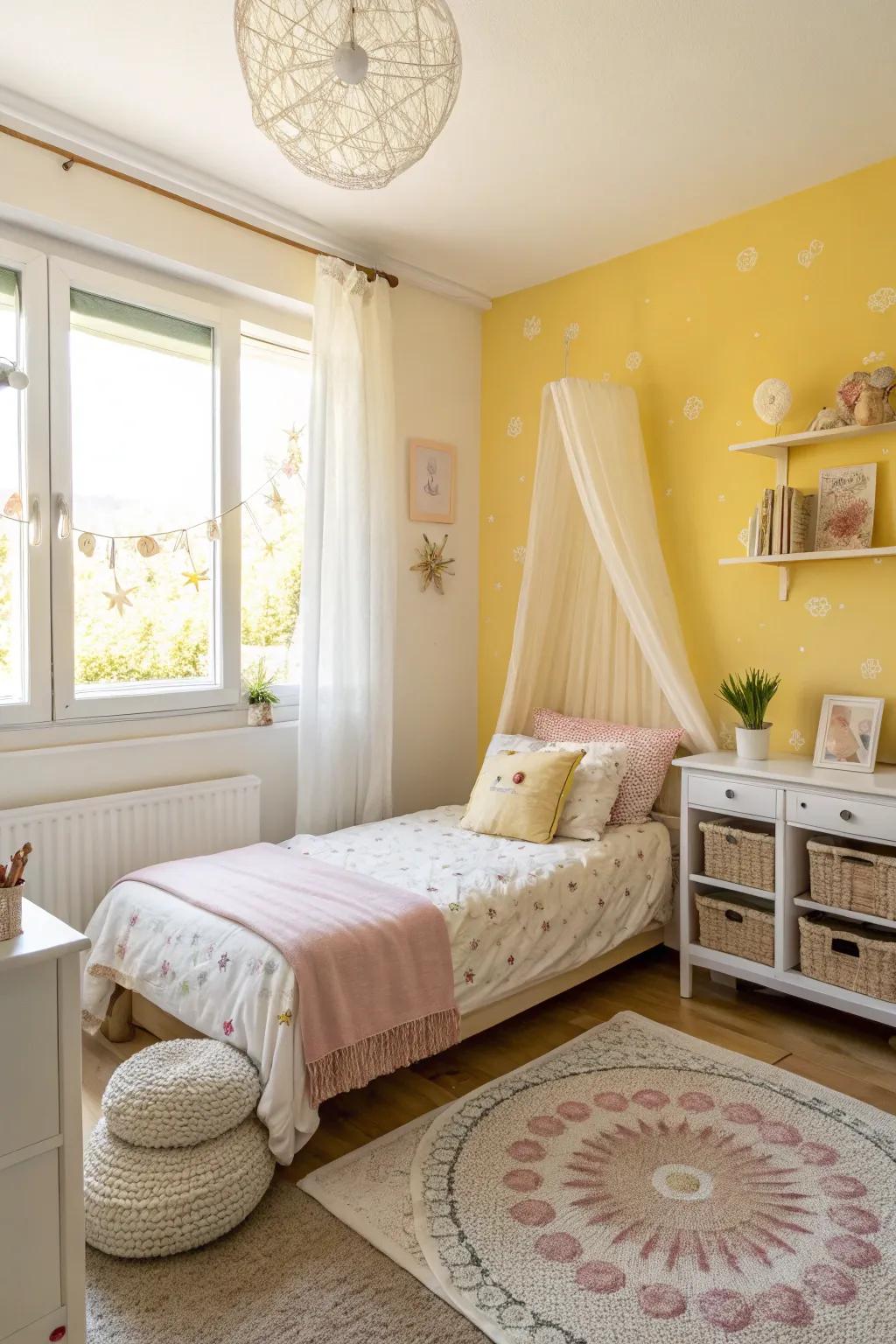 A sunny yellow accent brings cheer to this restful bedroom.