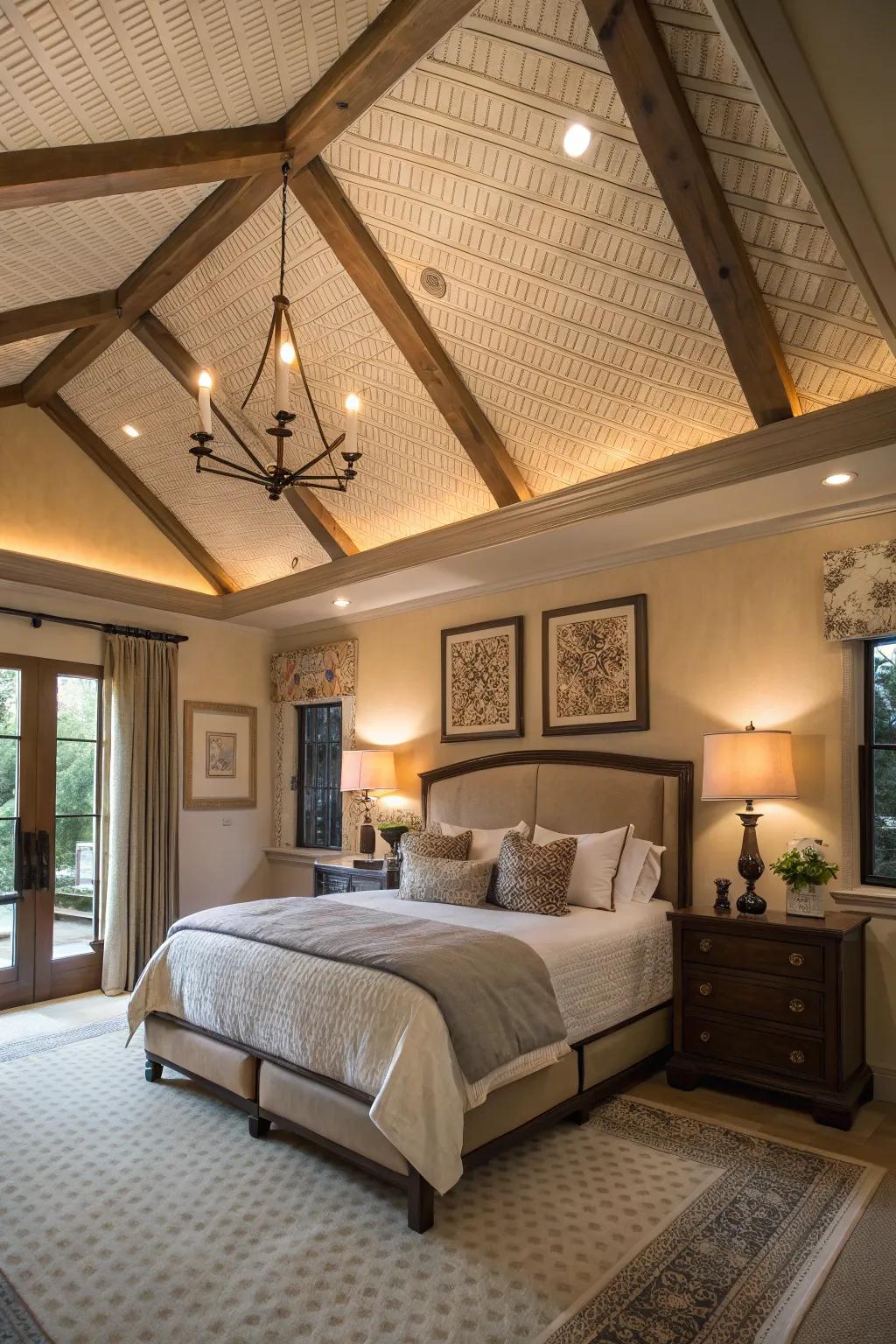 A feature ceiling adds a unique dimension to the room.