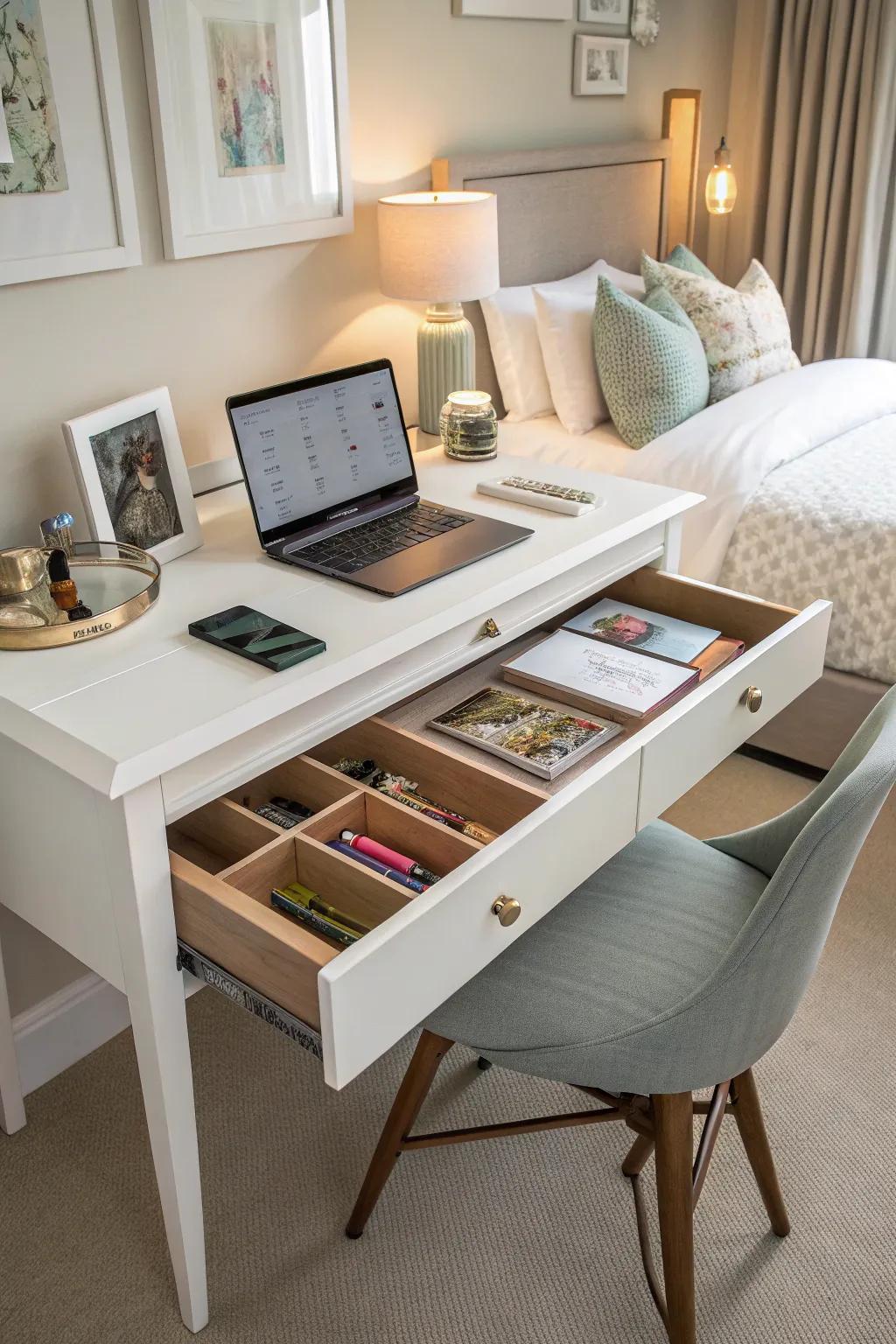 Keep your space tidy with hidden storage options.