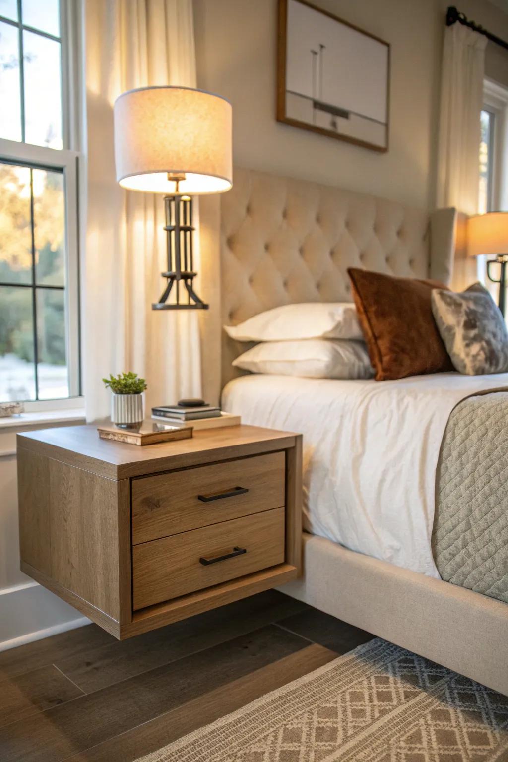 A modern bedroom featuring a space-saving floating nightstand.