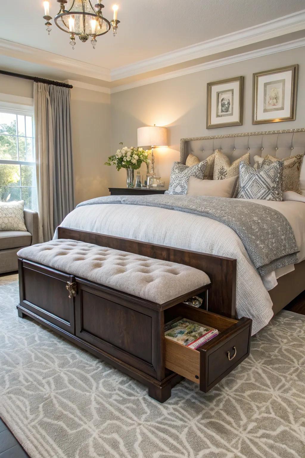 Combine seating and storage with a chic bench in your bedroom.