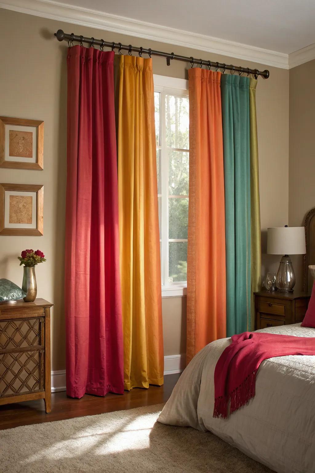 Bold drapery adds a striking contrast and vibrant energy.