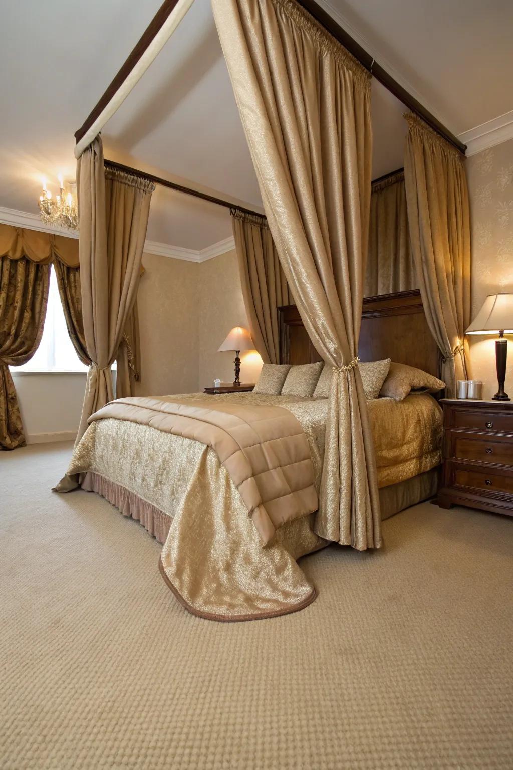 Luxurious textiles create an opulent atmosphere in a beige carpeted bedroom.