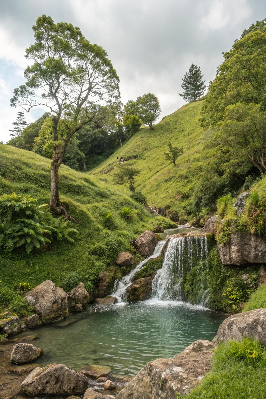 A water feature adds a tranquil touch to hillside landscapes.