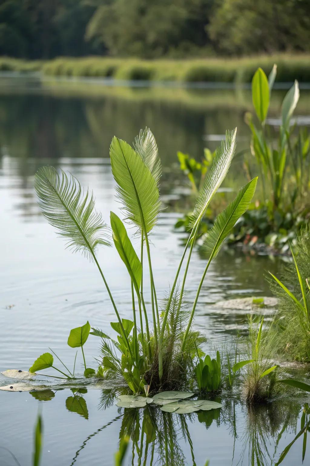 Parrot Feather adds texture and a hiding place for fish beneath the water.