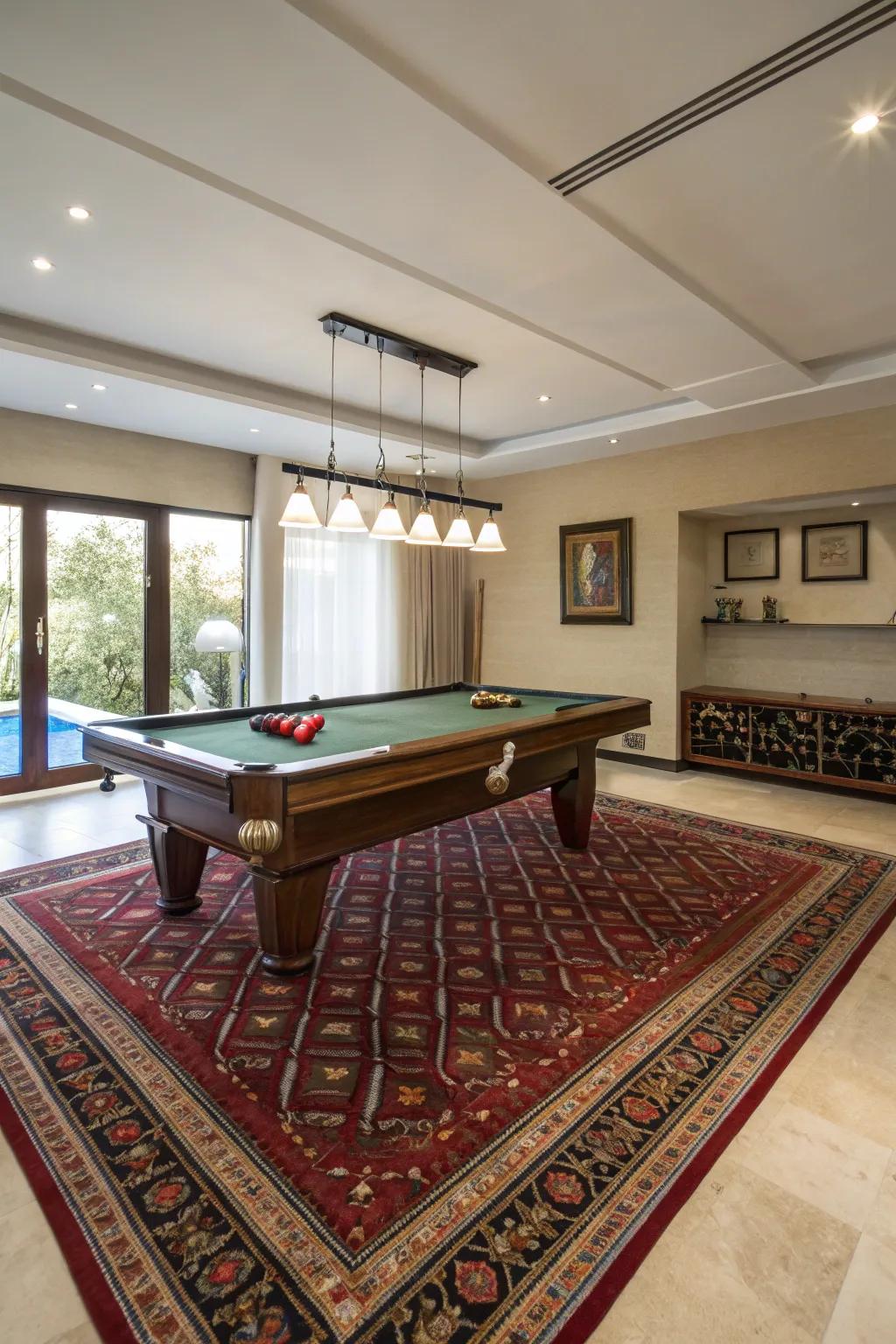 Rugs creating defined zones in a billiard room.