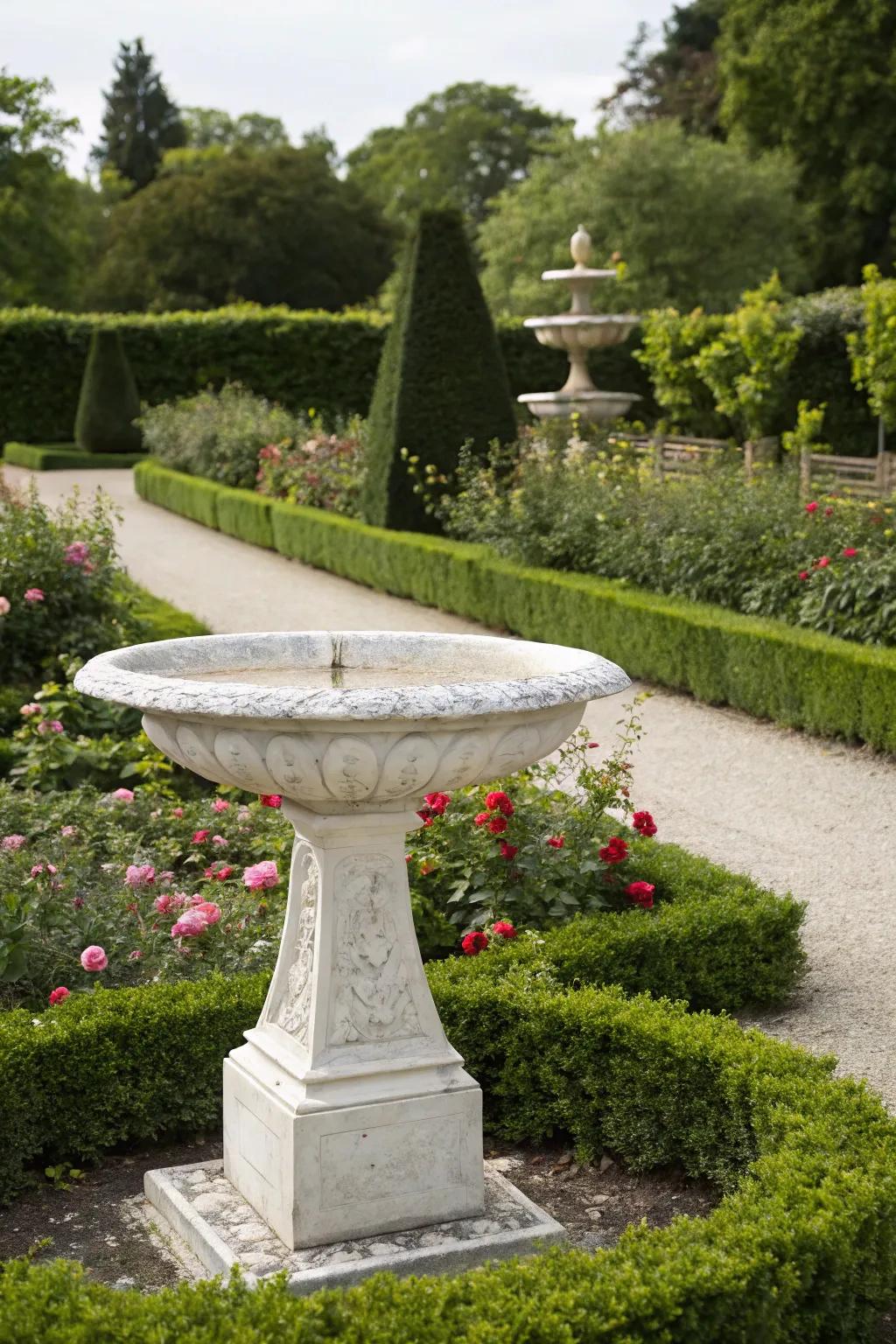 A white marble bird bath serving as an elegant focal point in a sophisticated garden.