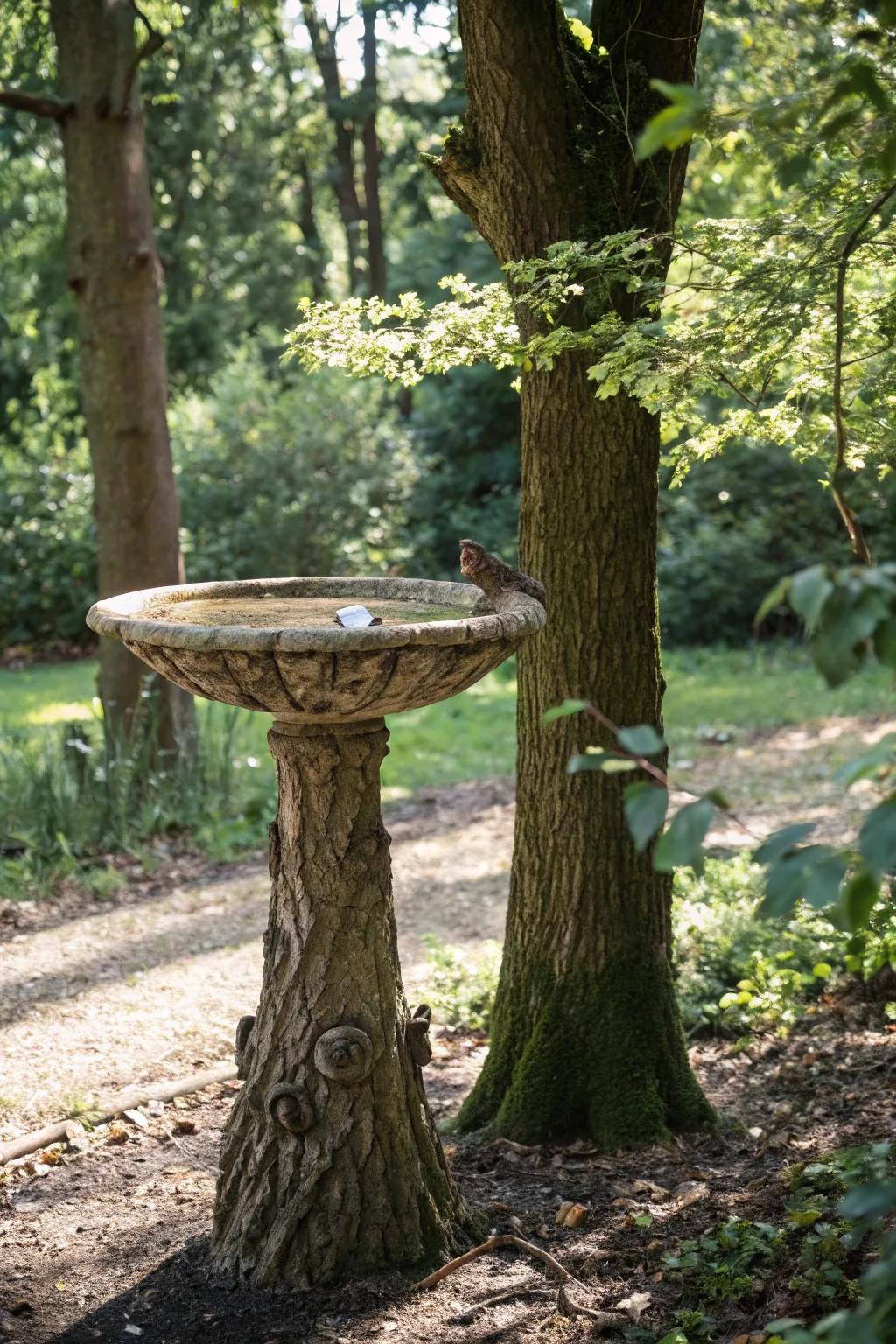 A tree trunk bird bath harmonizing with the natural landscape.