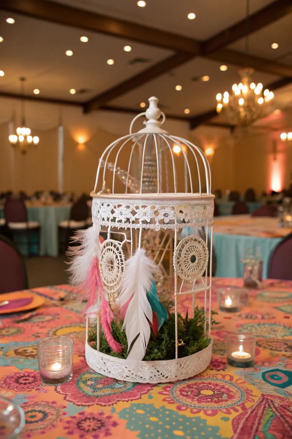 A bohemian-inspired bird cage centerpiece with artistic elements.