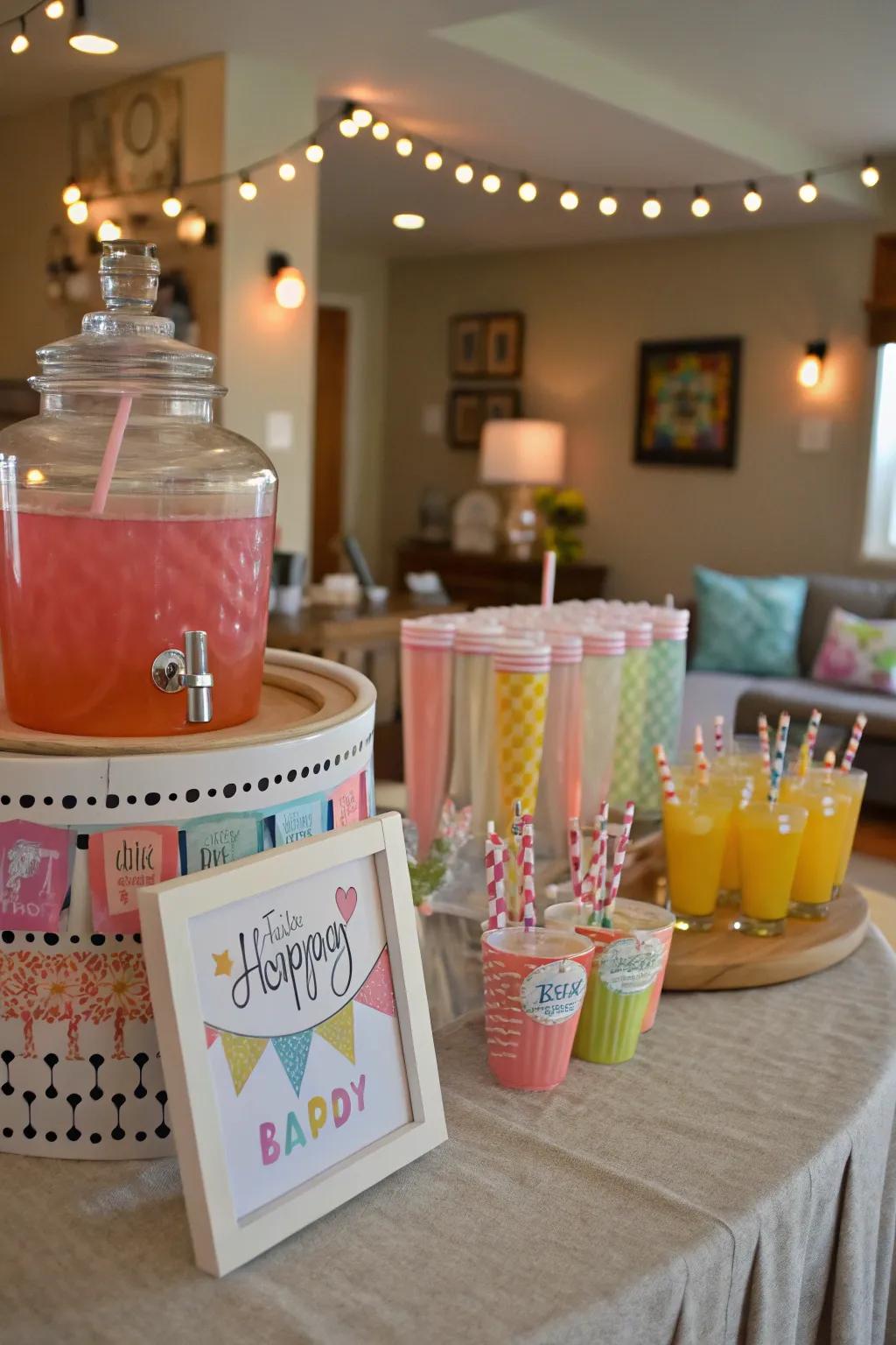 A themed drink station refreshes guests and ties the theme together.