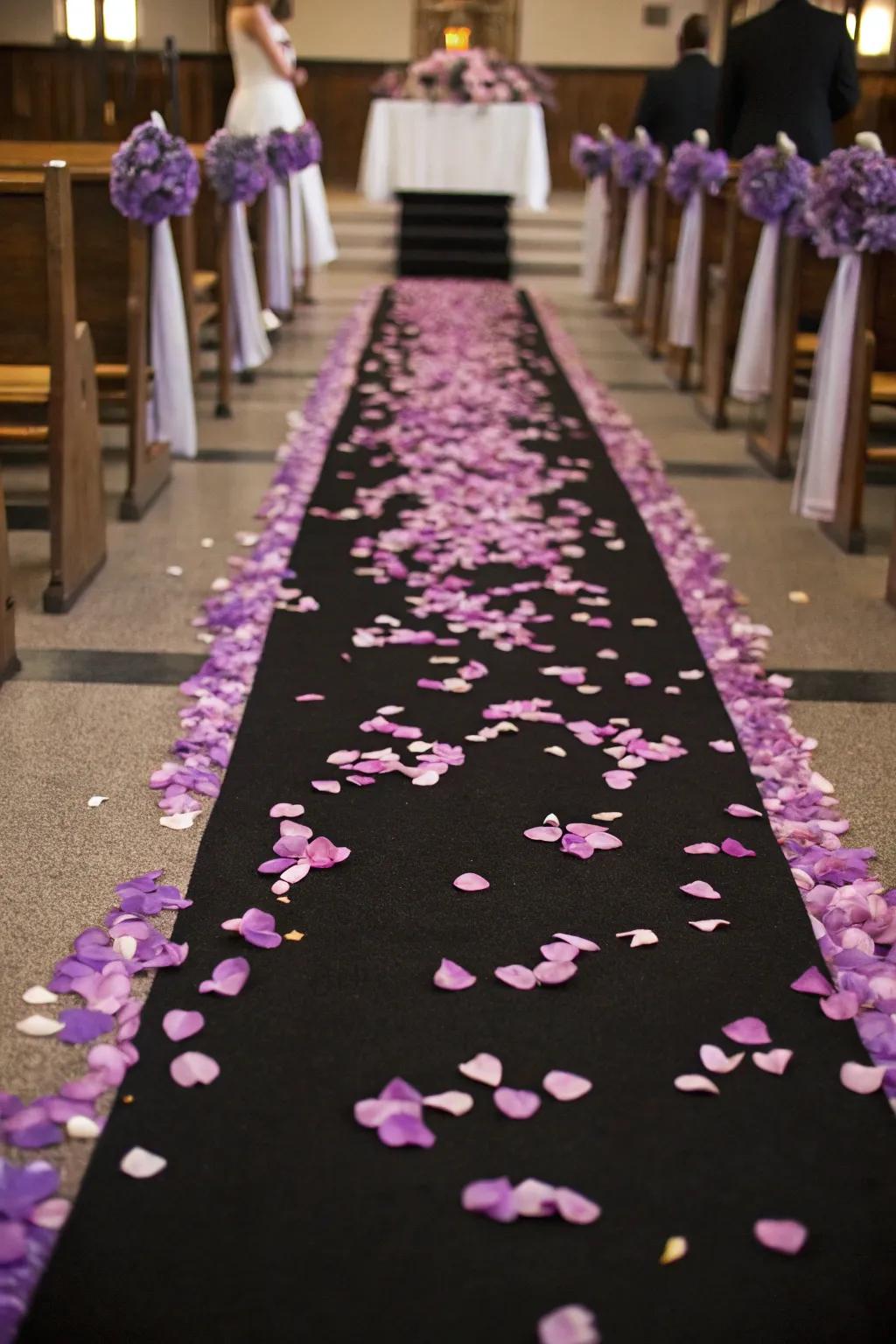 Charming aisle runner with purple petals.