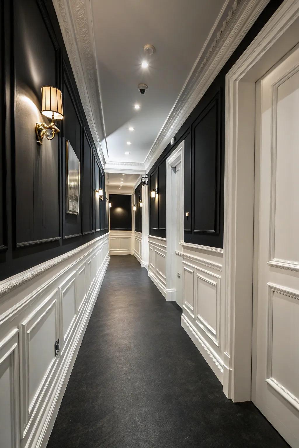 Architectural details add depth and sophistication to a black hallway.