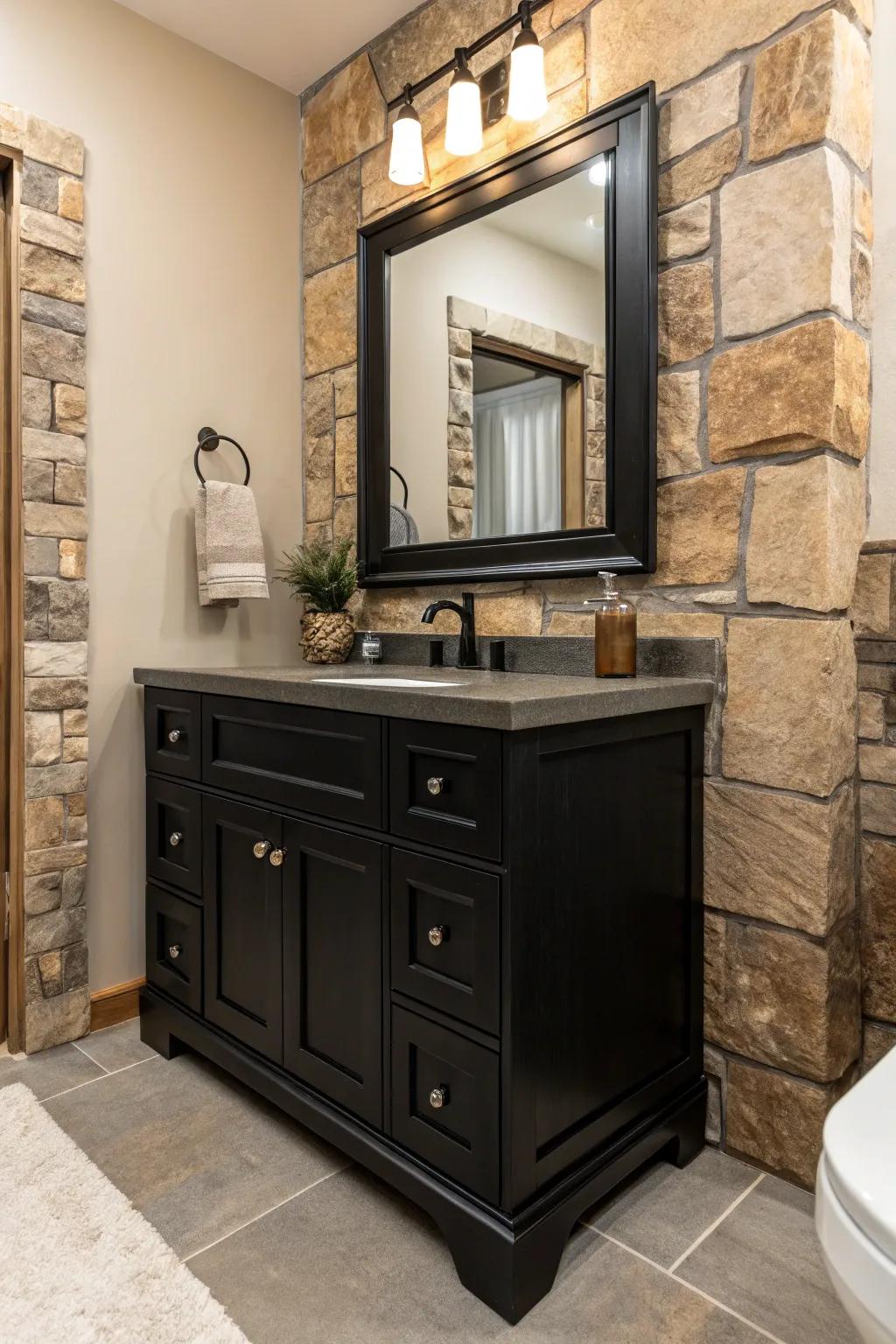 Natural stone elements add an earthy and textured charm to a black vanity bathroom.