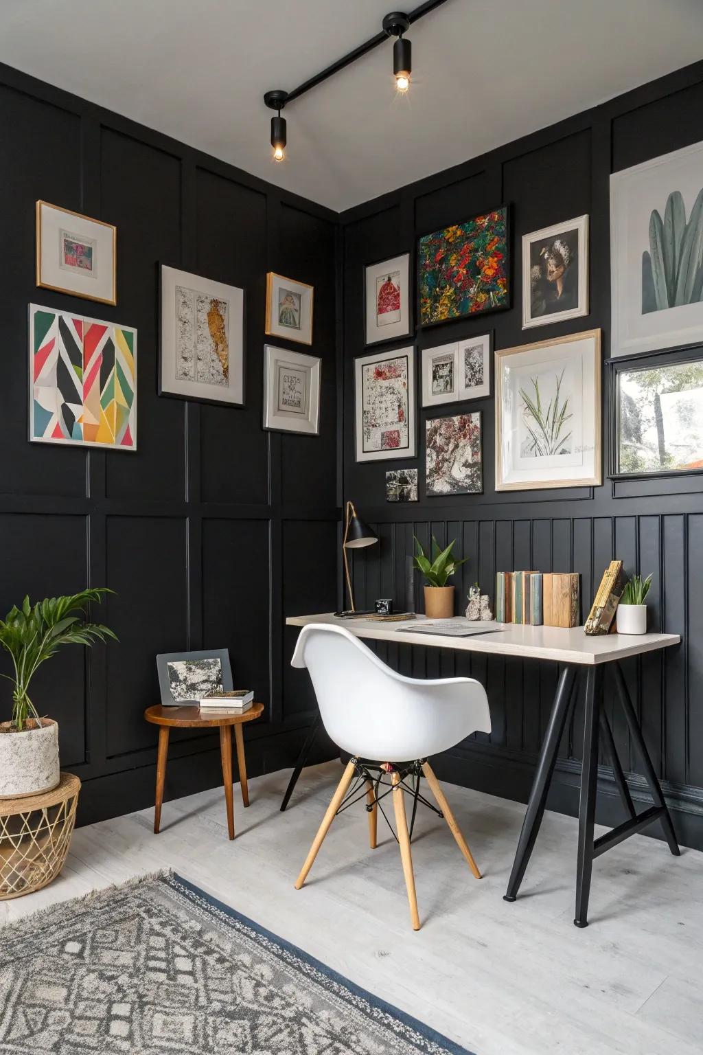 Creative studio with a sophisticated black wainscoting backdrop.