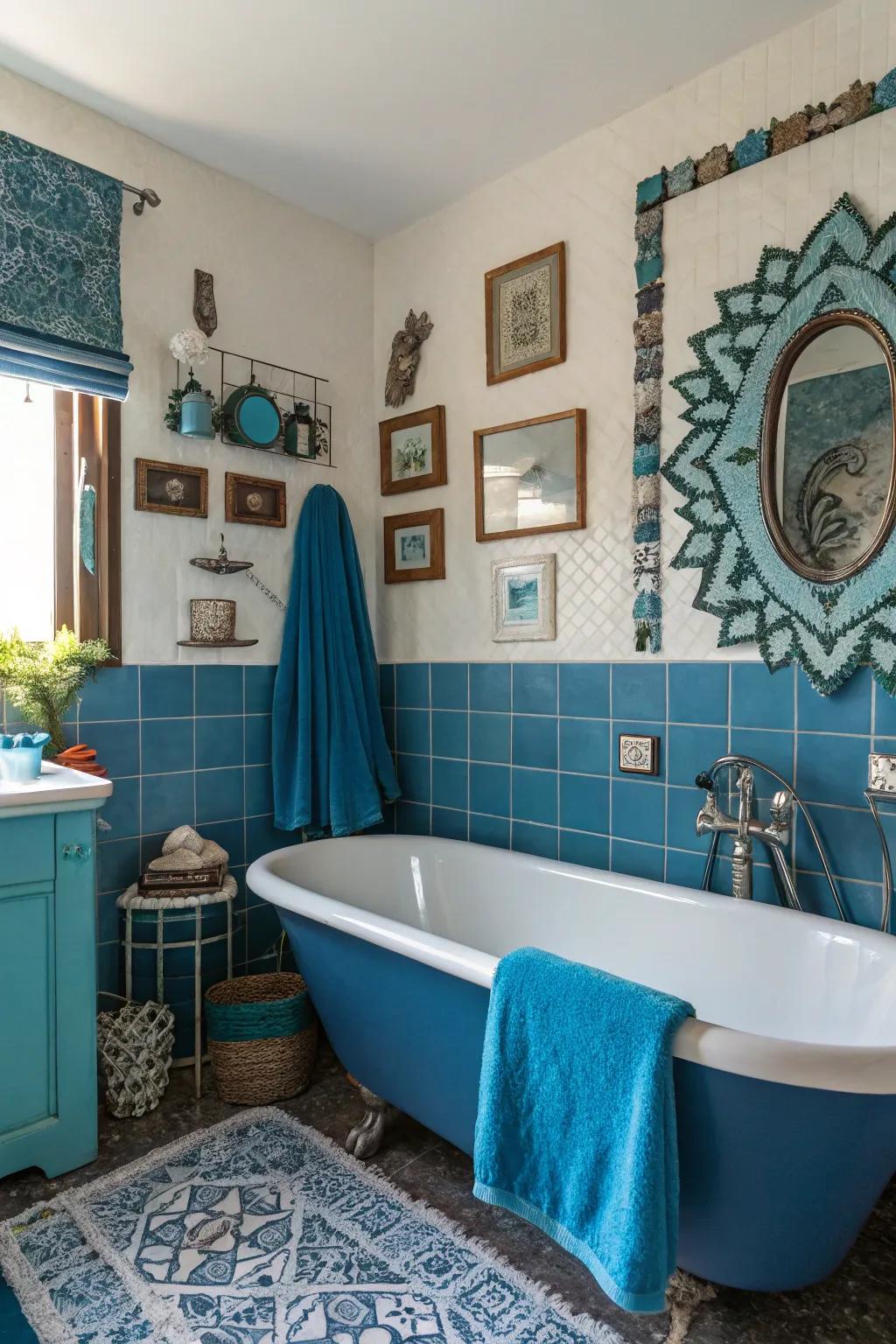 Eclectic blue elements create a personalized and vibrant bathroom.