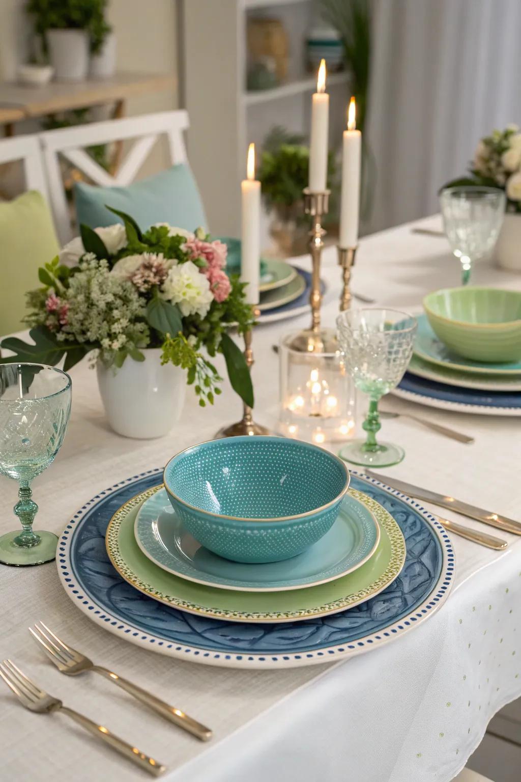 Colorful dinnerware brings charm to dining.