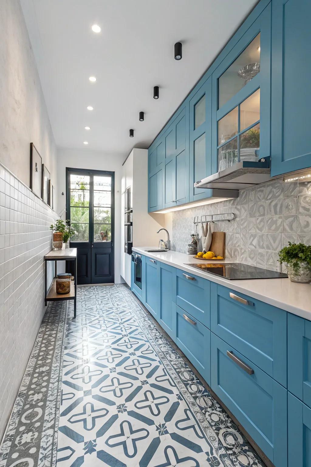 Geometric elements provide a modern and playful contrast to blue cabinets.