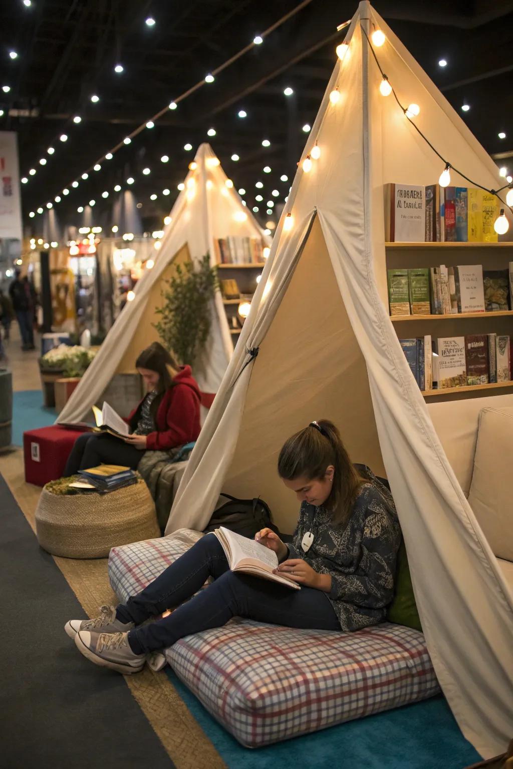 Whimsical book tents offer cozy reading nooks at the fair.