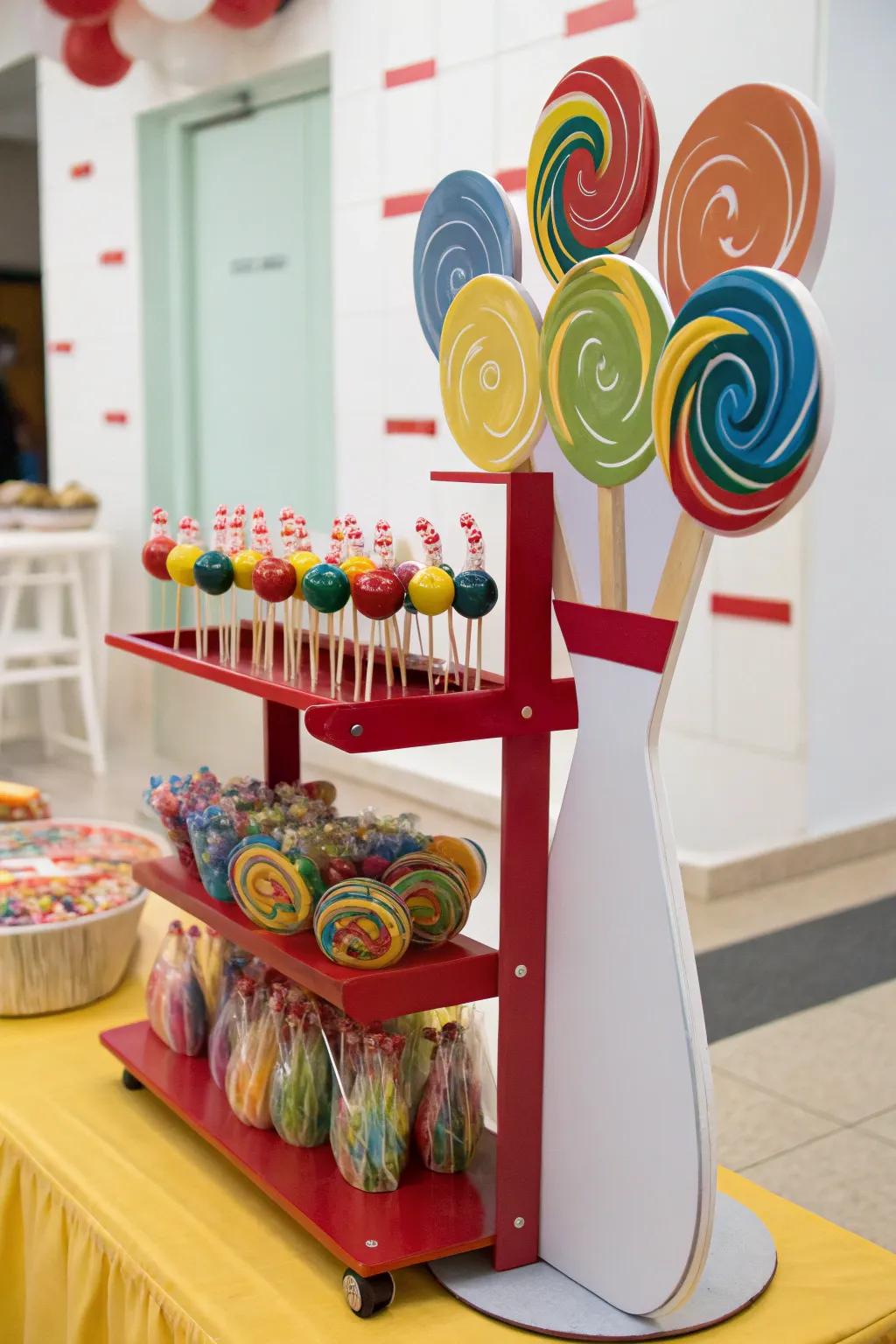 Sweet lollipop stand with bowling pin cutouts for a fun centerpiece.