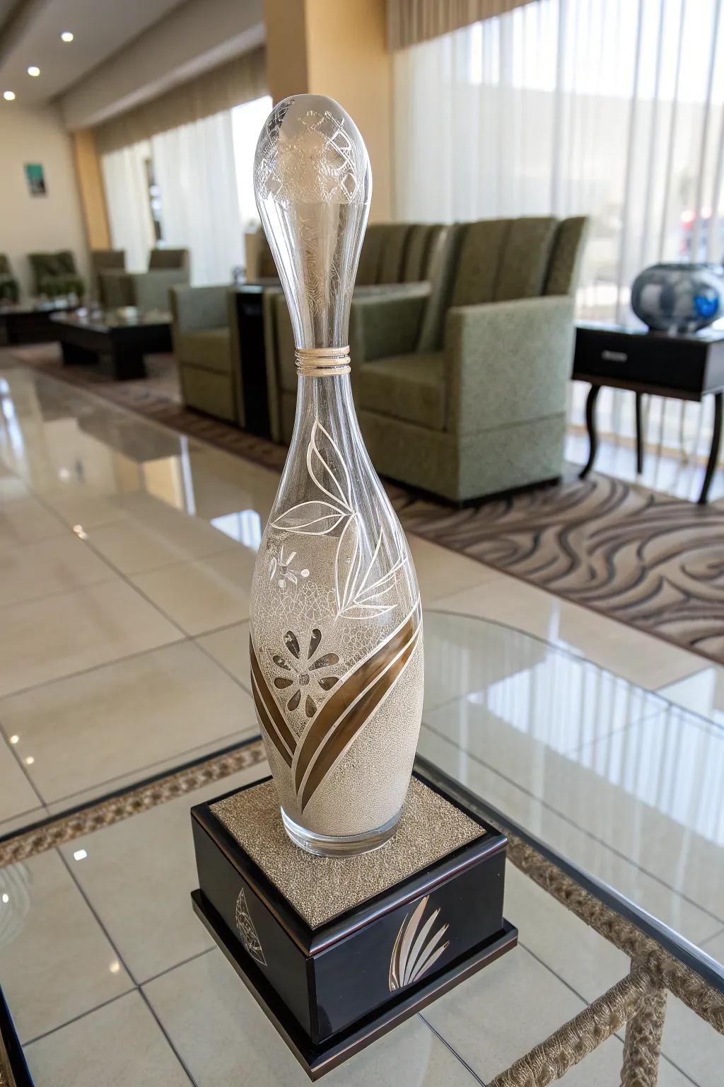 An artistic glass bowling trophy with sand art.