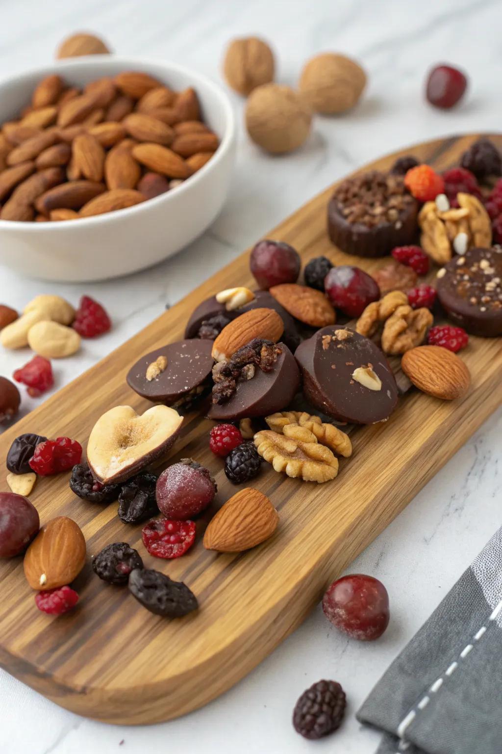 Sweet treats like chocolate-covered nuts add a fun twist.