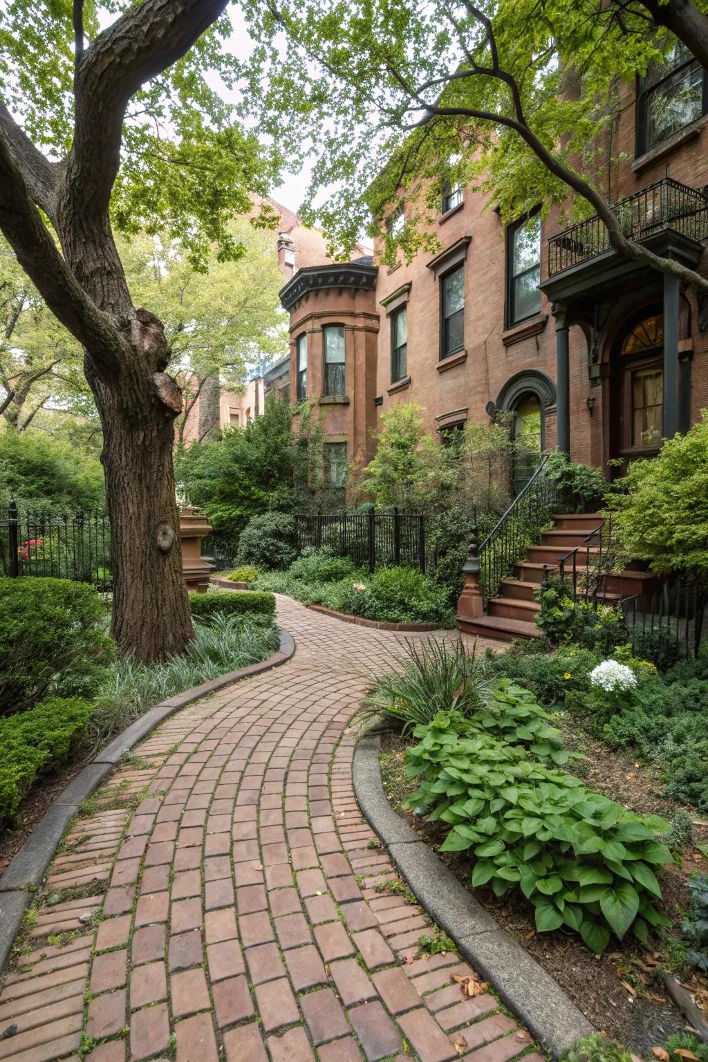 A brick pathway adds a classic touch to the brownstone backyard.