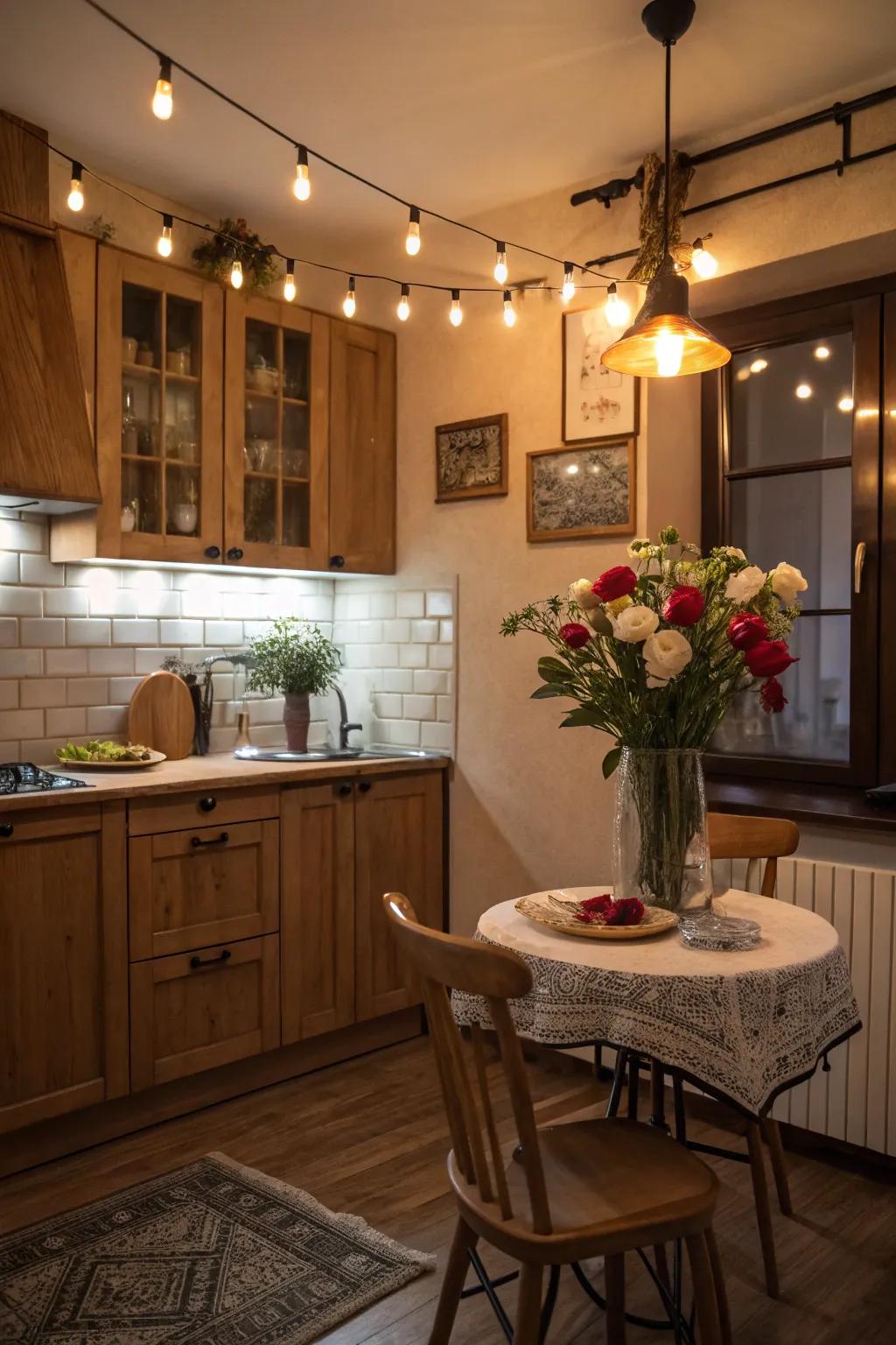 Layered lighting enhances the ambiance of this kitchen.