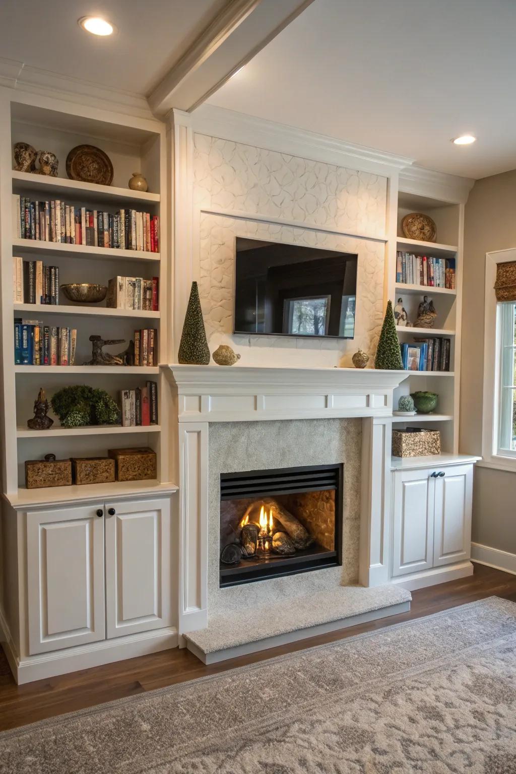 Hidden storage maintains elegance and functionality in fireplace design.