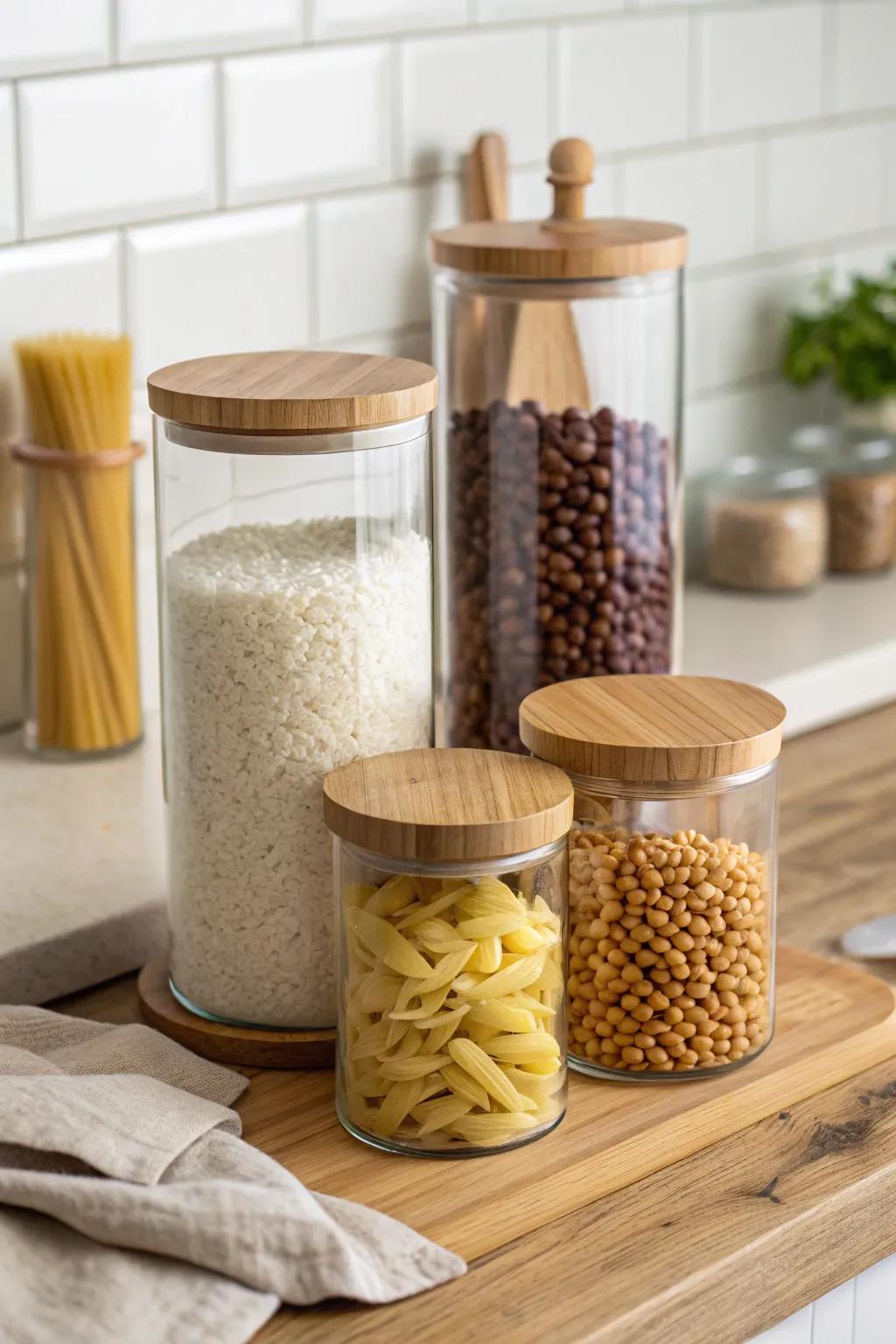 Stylish glass canisters offer practical storage solutions.