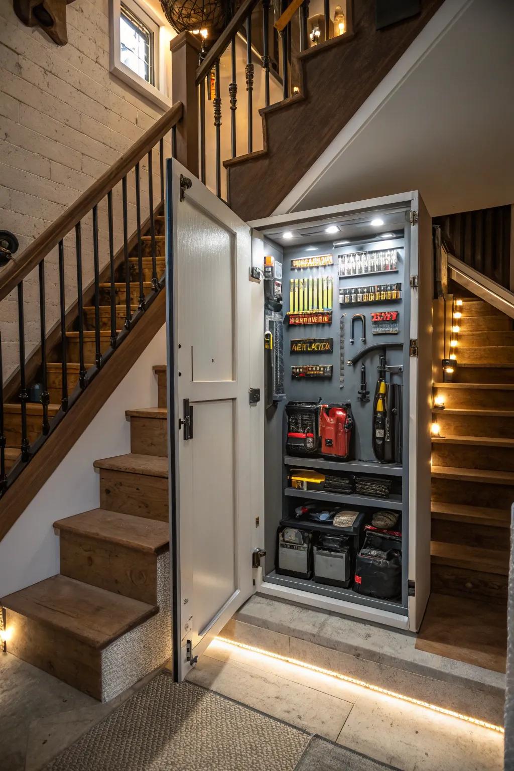 A secret storage solution within a stair bulkhead.