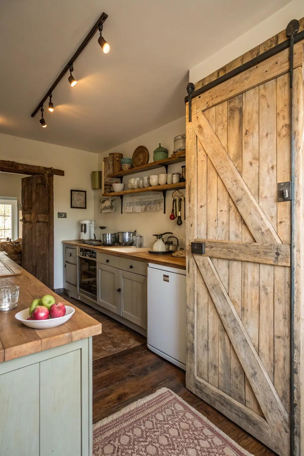 A bungalow kitchen featuring space-saving and stylish sliding barn doors.