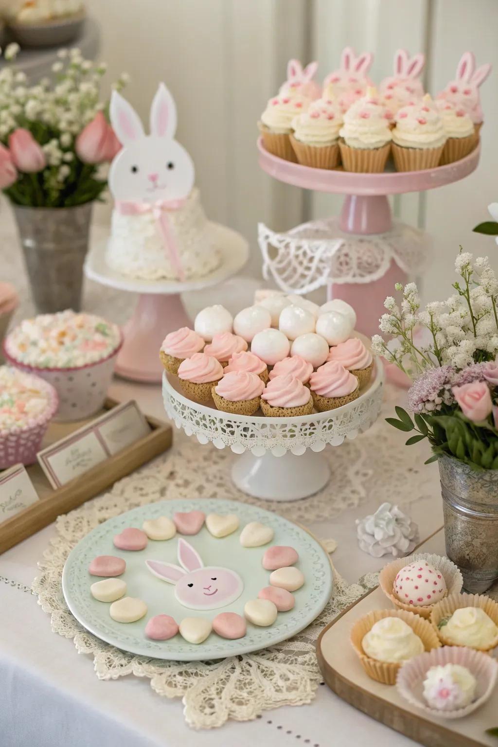 A charming dessert table filled with bunny-themed delights.