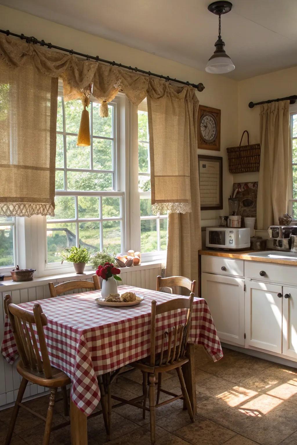 Quaint country charm with burlap cafe curtains.